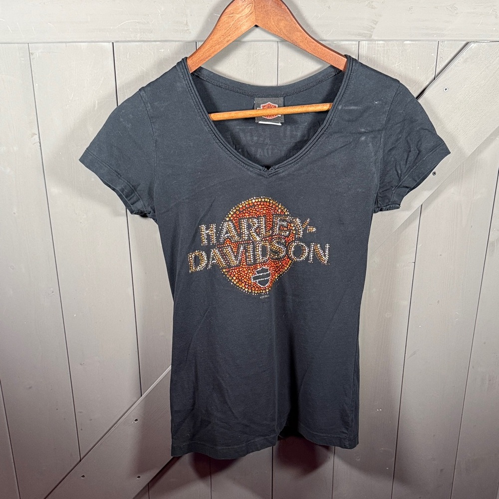 Harley-Davidson Women's Black Tee with Rhinestone Bling Embellished Logo